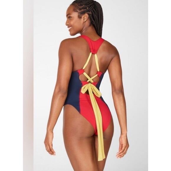 Fabletics Womens Swimsuit Small Blue Red Yellow Gabriella Color block Strap Tie - Picture 8 of 10